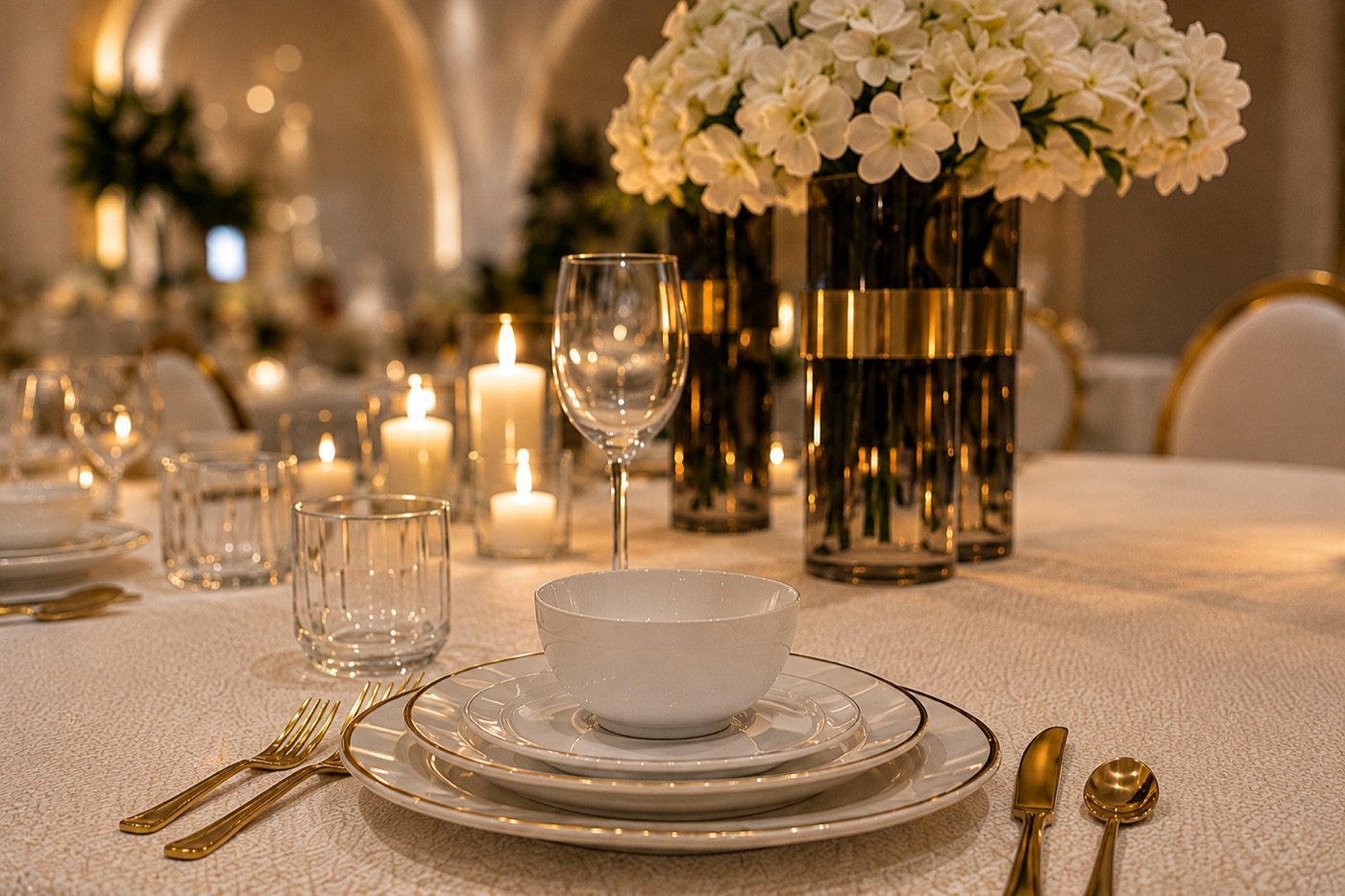 Svečano postavljen sto sa zlatnim priborom
